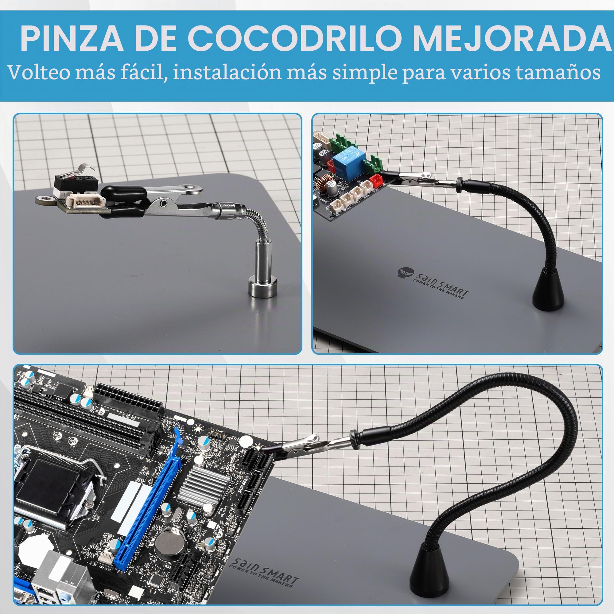 Sainsmart Soporte de ayuda para soldadura PCBH v2, SainSmart mejorada con cautín y minisoportes de clip, LED integrado con aumento de 5x, 6 brazos de cuello de cisne ajustables