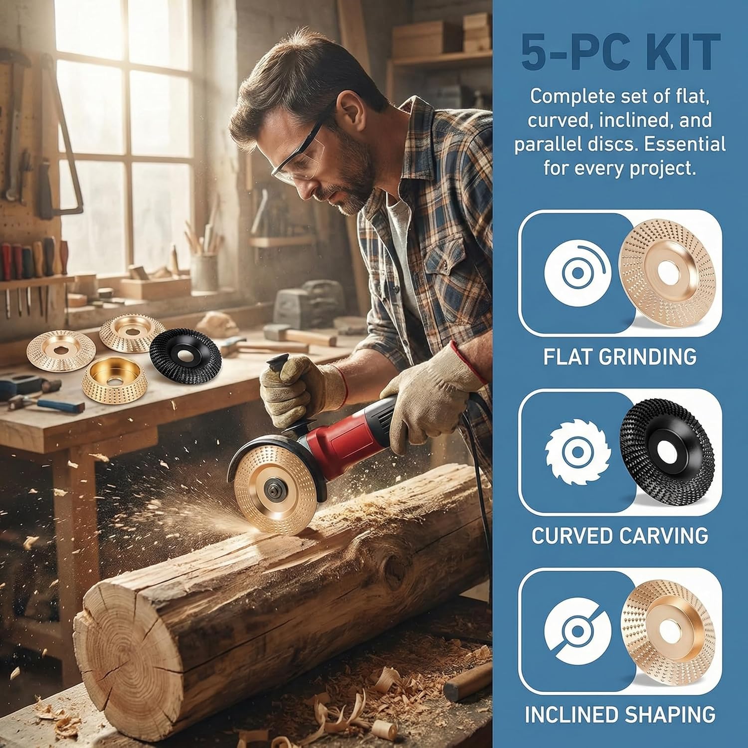 5 Pack Angle Grinder Wood Carving Disc Set, 4" and 4 1/2" Wood Shaping Wheels for Stump Grinders 5/8 inch Arbor,Wheel Shaping Disc for Wood Grinding,High-Speed Cutting Wheel Accessory Kit