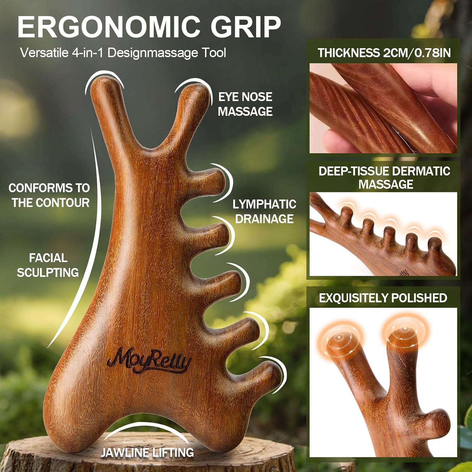 MoyRetty 4-in-1 Gua Sha Tool, Sandalwood Face & Body Massager, Lymphatic Drainage Massage Comb with Storage Pouch (Golden Sandalwood) - Image 5