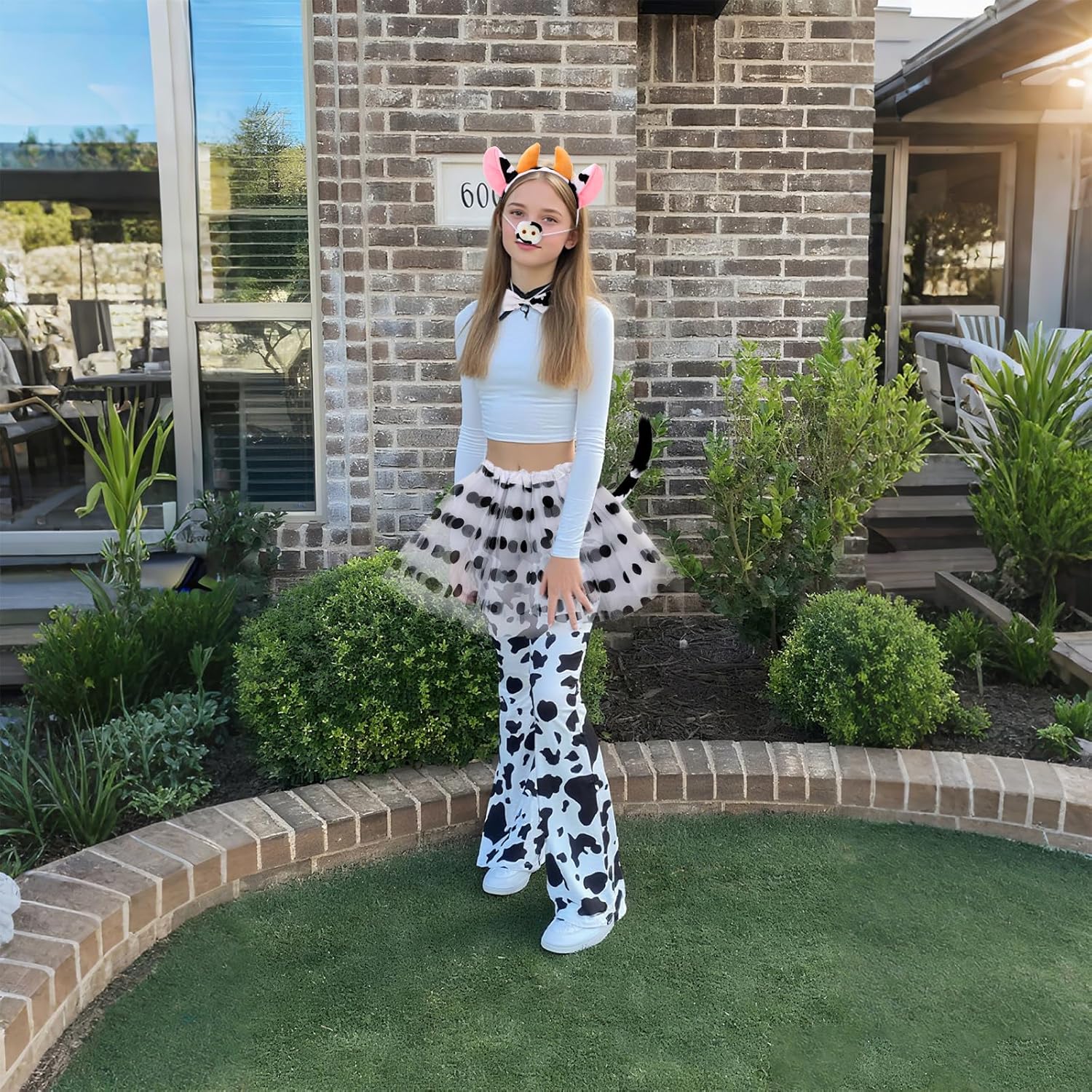 Cow Costume Adults Cow Headband and Tail, Tutu, Nose, Bowtie Animal Halloween Cosplay Clip-On Tail 2-Layer Spotted Tutu Skirt Farm Animal Outfit - Image 2