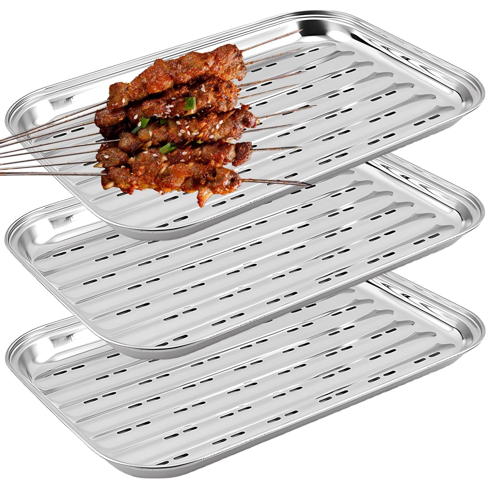 Asfrode 2 bandejas para barbacoa de acero inoxidable, 34,5 x 24,2 x 2,7 cm, reutilizables, para verduras, pescado o carne, para barbacoas de gas, eléctricas y de carbón vegetal (3, plata)