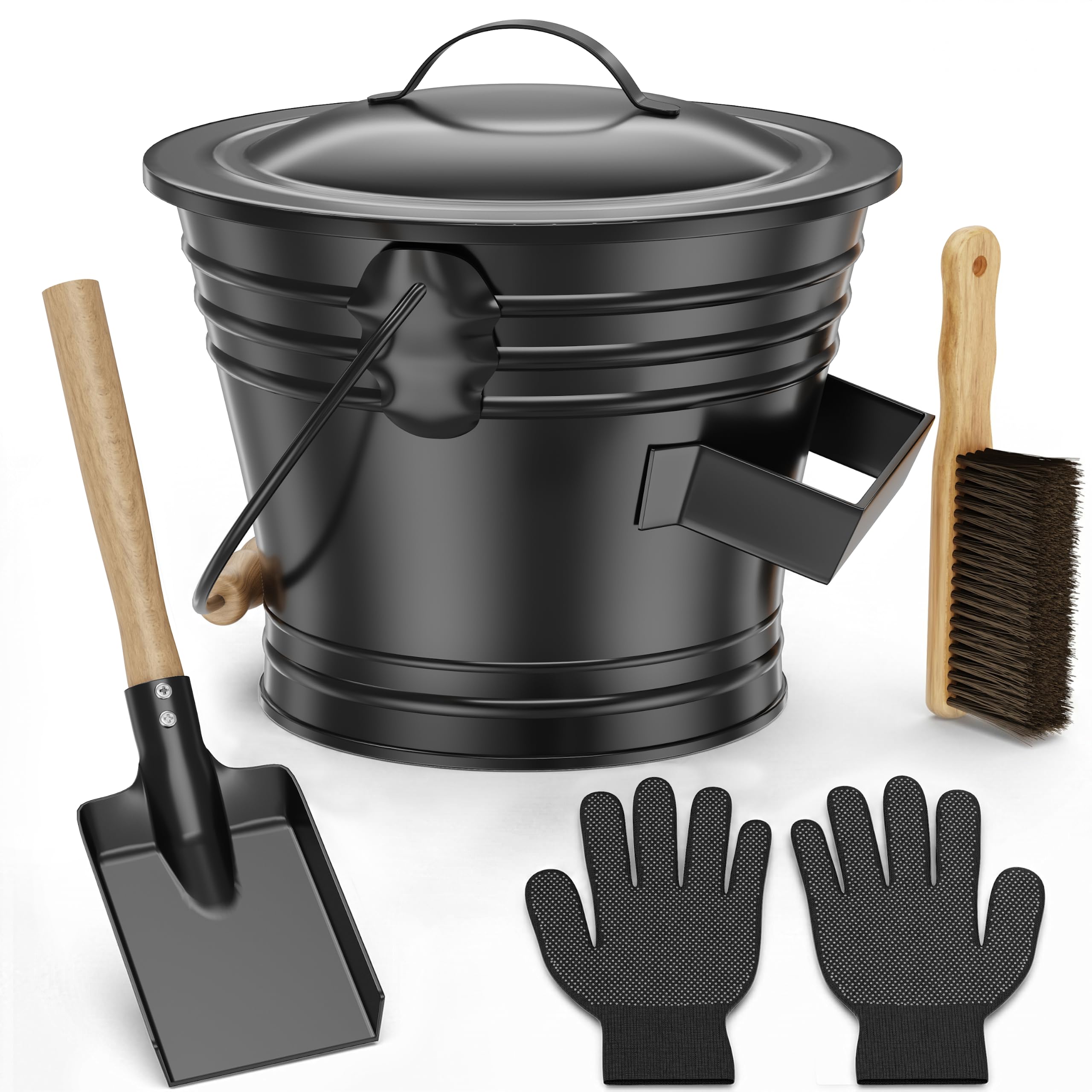 Stahlascheimer mit Deckel für Kamine, 6L Metall-Ascheeimer inklusive Handschuhe, Schaufel und Handfeger für Lagerfeuer, Kohle und die Outdoor- sowie Haushaltsreinigung (schwarz)