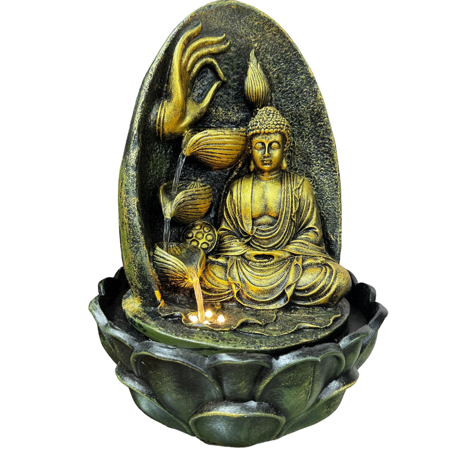 G - Creations : Buddha Waterfall,Zen Buddha Tabletop Water Fountain with LED Lights, Golden Lotus Base, Indoor Meditation Decor-image-15