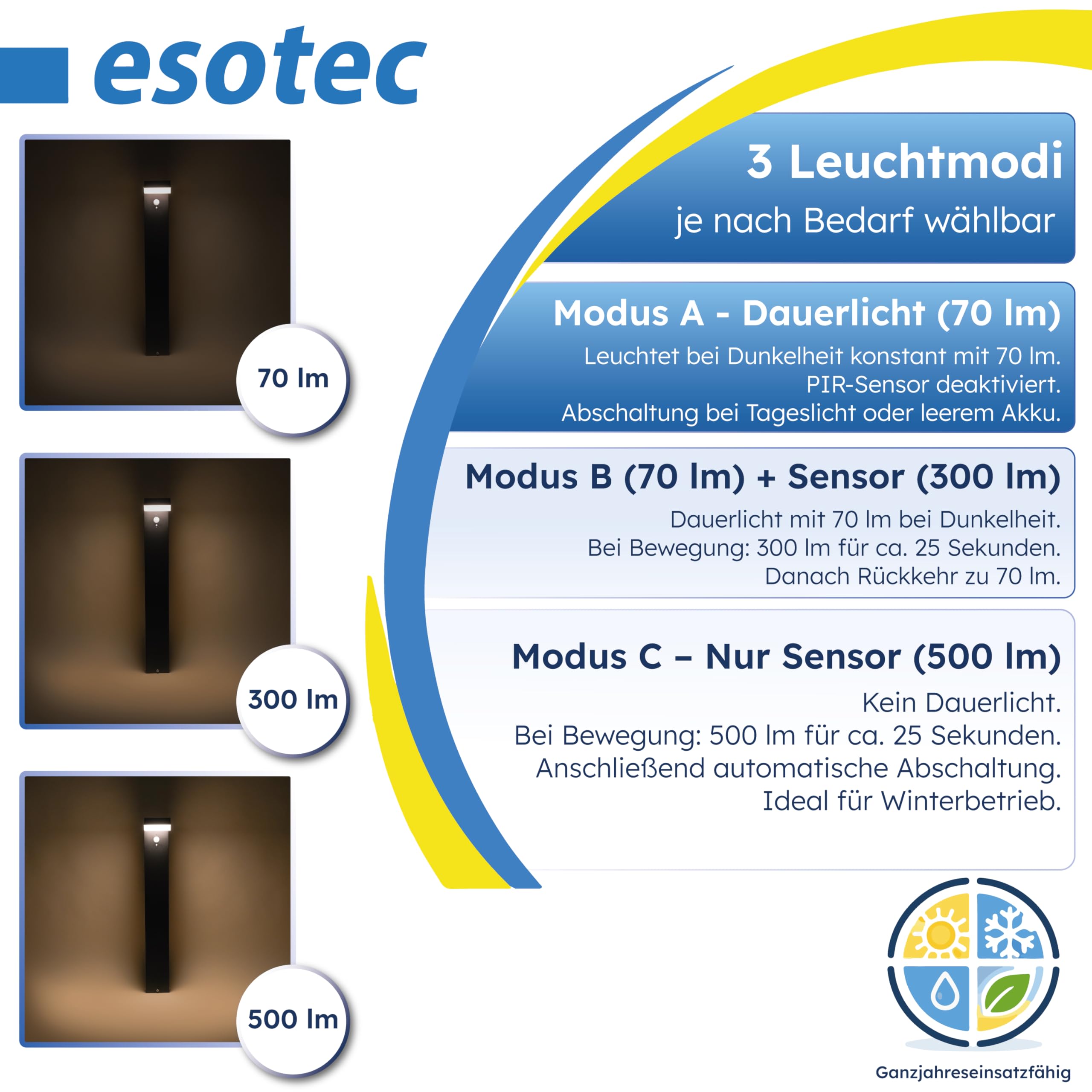 esotec Solar Wegeleuchte mit Bewegungsmelder Nala, H=70cm Außenleuchte, warmweiß 3000K, wechselbarer LiFePO4 Akku 102932