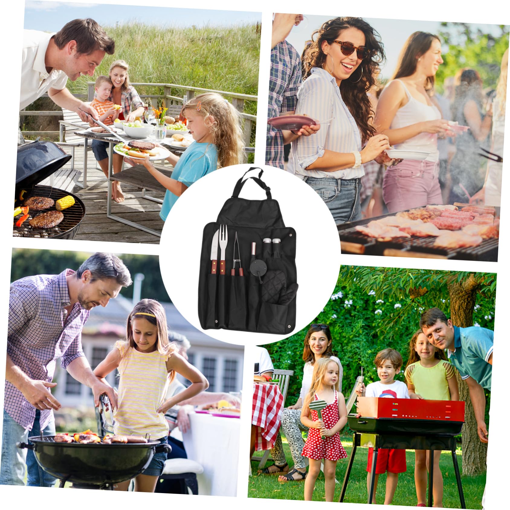 Set Utensili Barbecue Acciaio Inossidabile e Legno Nero | Borsa Inclusa, Design Compatto Cinghie di Fissaggio, Guanto Termoresistente per Festa All'aperto