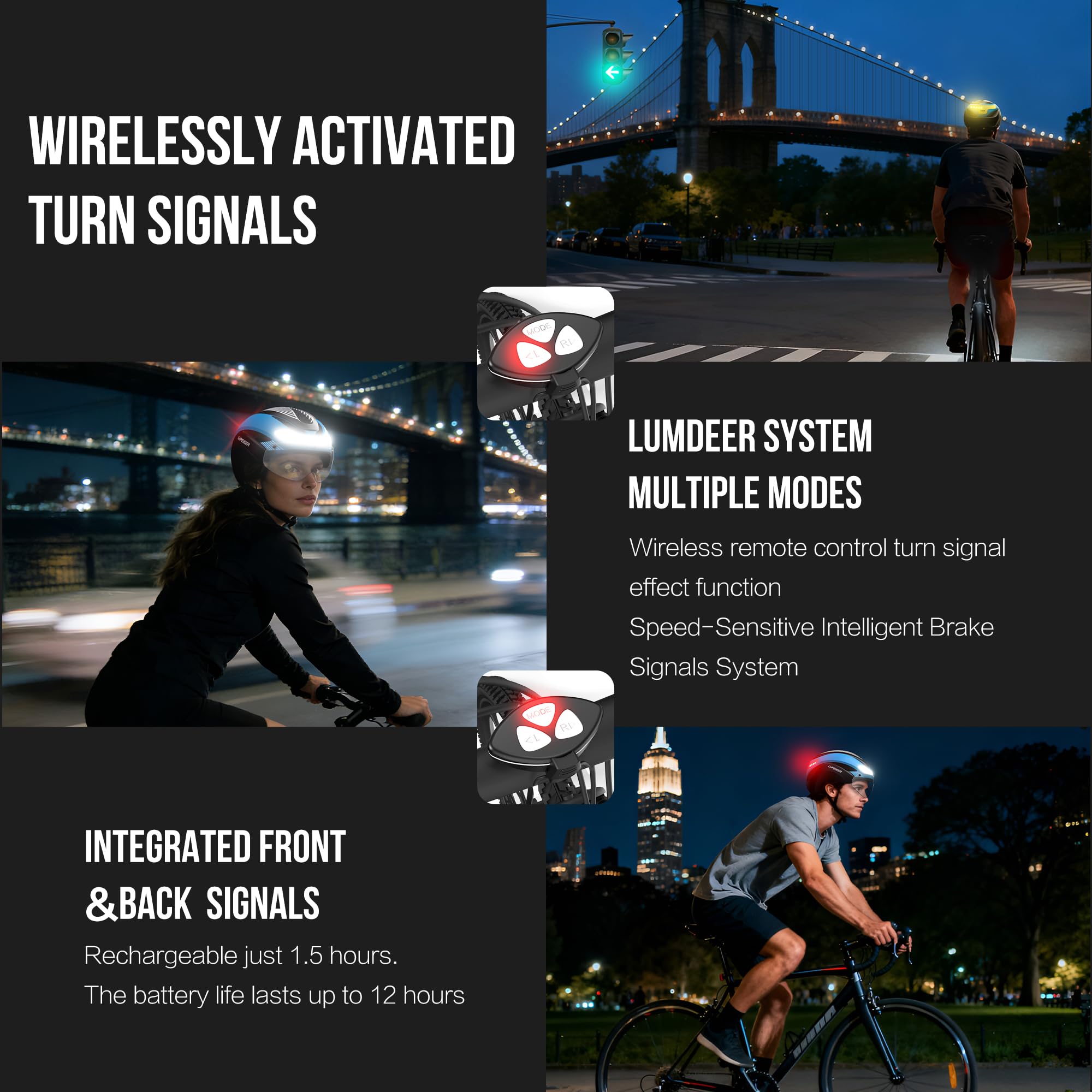 LUMDEER Casco da bici per adulti, uomo e donna, con luci anteriori e posteriori, indicatori di direzione e luce del freno, visiera fotocromatica, casco da ciclismo per pendolari urbani e bici