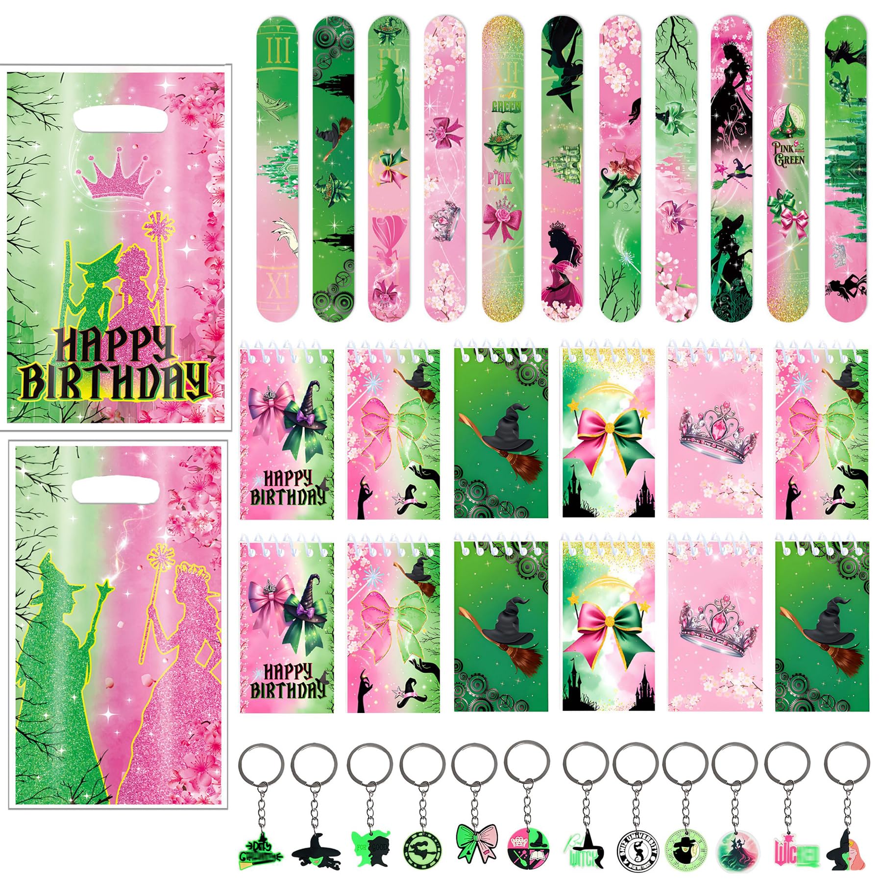 Koongso 48 Pcs Pink and Green Witch Party Favors Gift Goodie Bags Fillers with Mini Notebooks, Keychain & Slap Bracelets, Witch and Princess Birthday Party Decorations