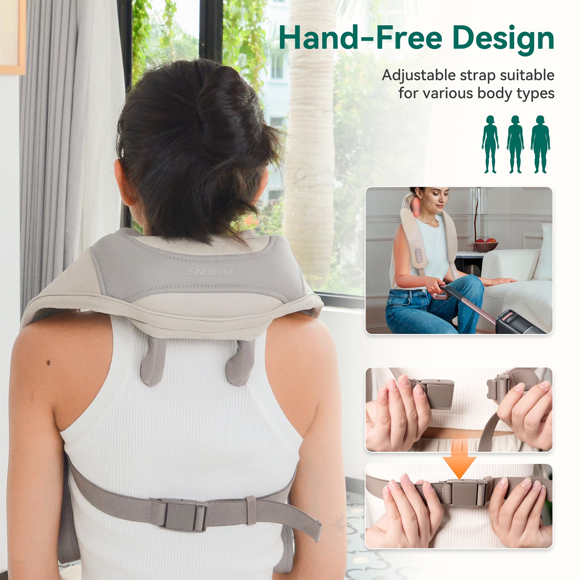 Snailax Masseur de nuque amélioré sans fil avec chaleur, masseur de nuque shiatsu 4D avec massage par pétrissage, masseur électrique pour nuque épaule dos jambe, cadeaux, Beige