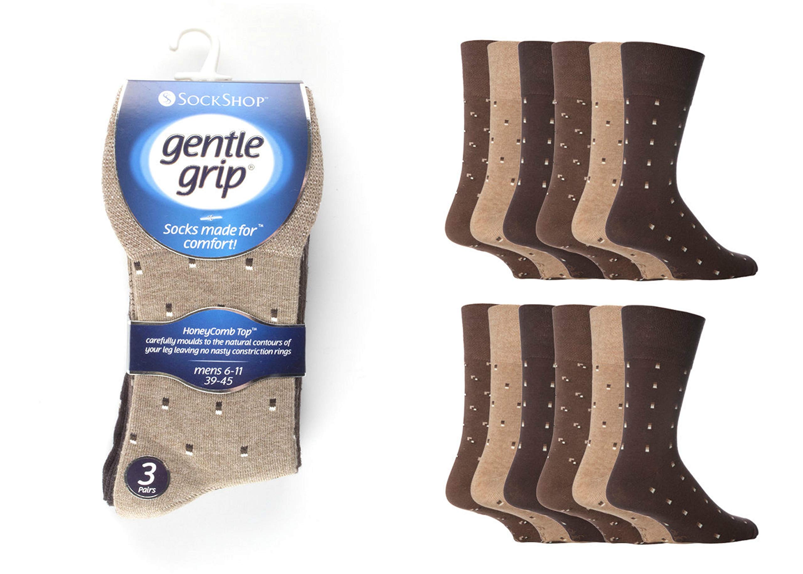6 Pairs mens gentle grip no elastic socks 6-11 uk, 39-45 eur Assorted colours (RJ20)