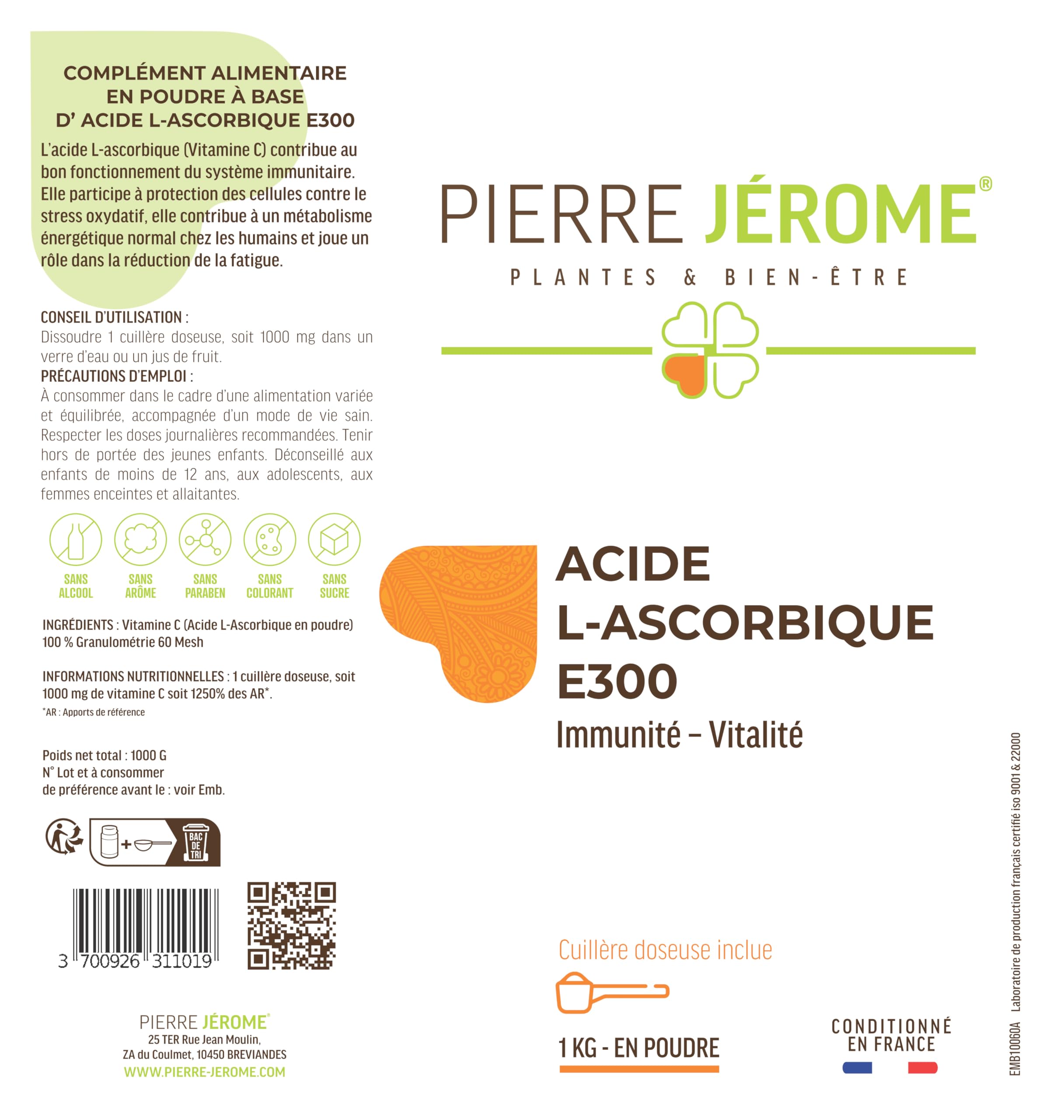 Acide L-Ascorbique E300 en Poudre Pierre Jérôme - 1000 G - Vitamine C Pure et Naturelle - Complément Immunité et Additif Alimentaire Cuisine Pâtisserie - 1 KG
