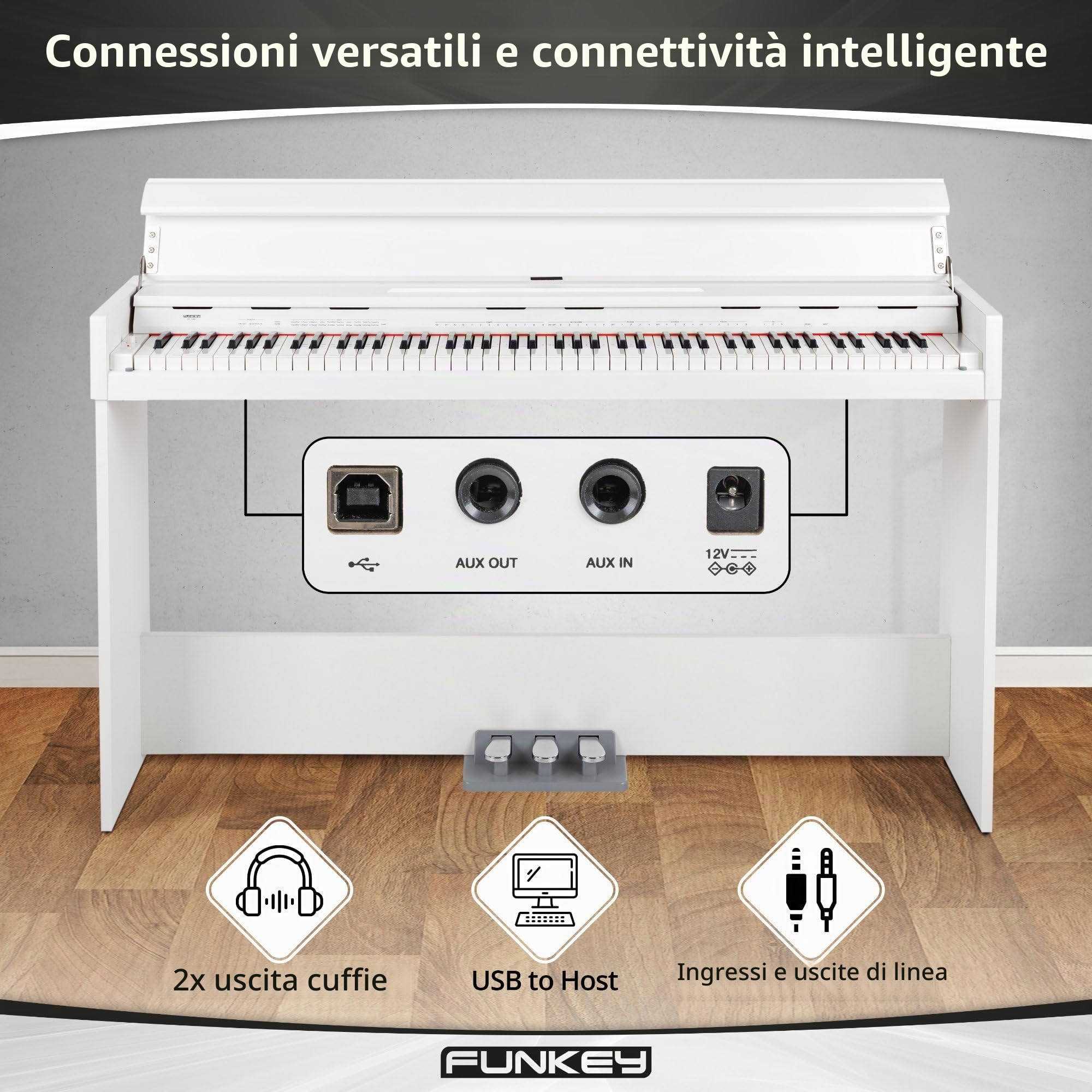 Funkey DP-1088 WM - Pianoforte Digitale set 88 Tasti sensibili al tocco - Tastiera sottile - Incluso panca, cuffie, pedale - Bianco opaco