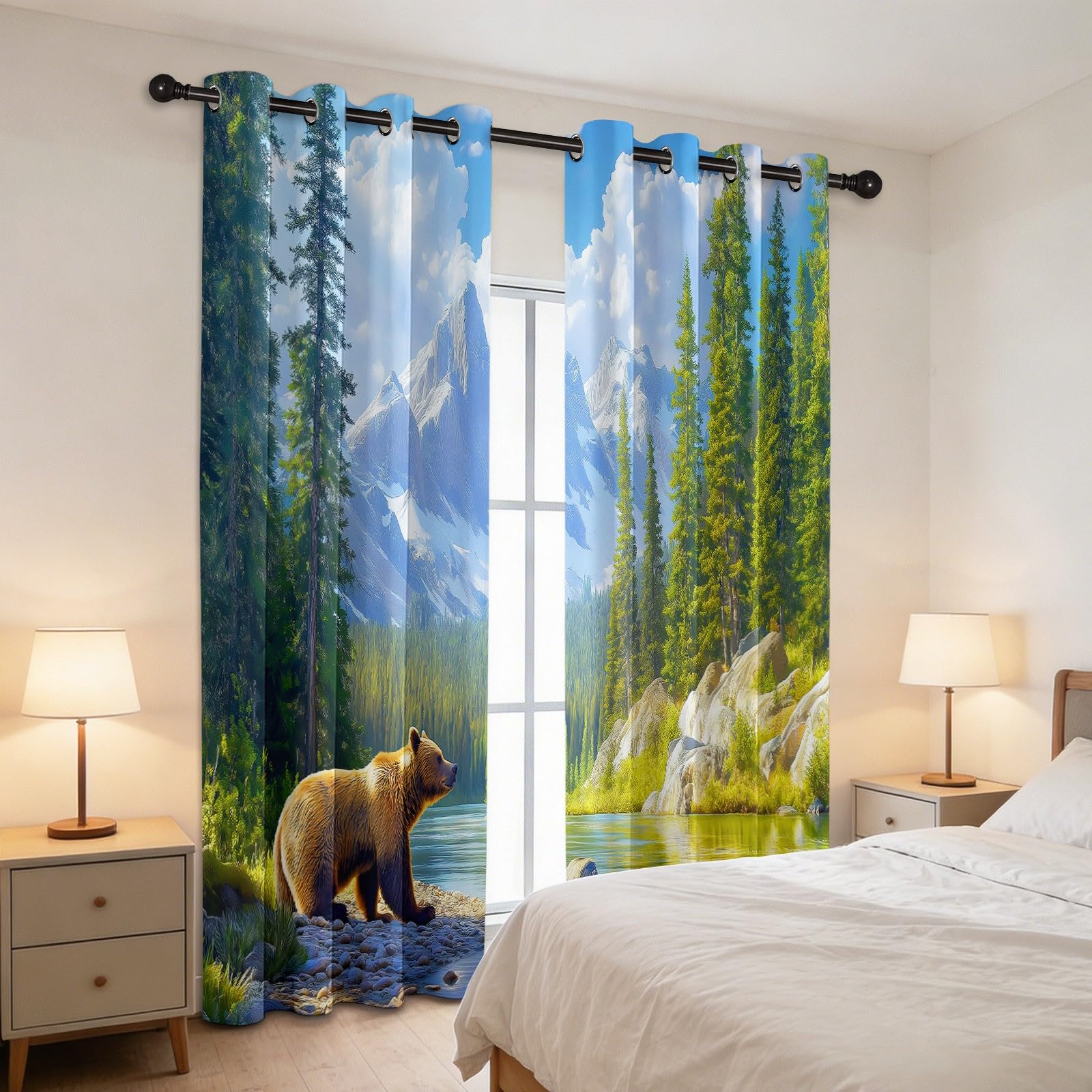 Zasłony zaciemniające z nadrukiem, 140 x 250 cm, zwierzęta grizzly niedźwiedź las strumień izolacja termiczna, zasłony redukujące hałas, energooszczędne, w pełni wyściełane, zasłony blokujące światło