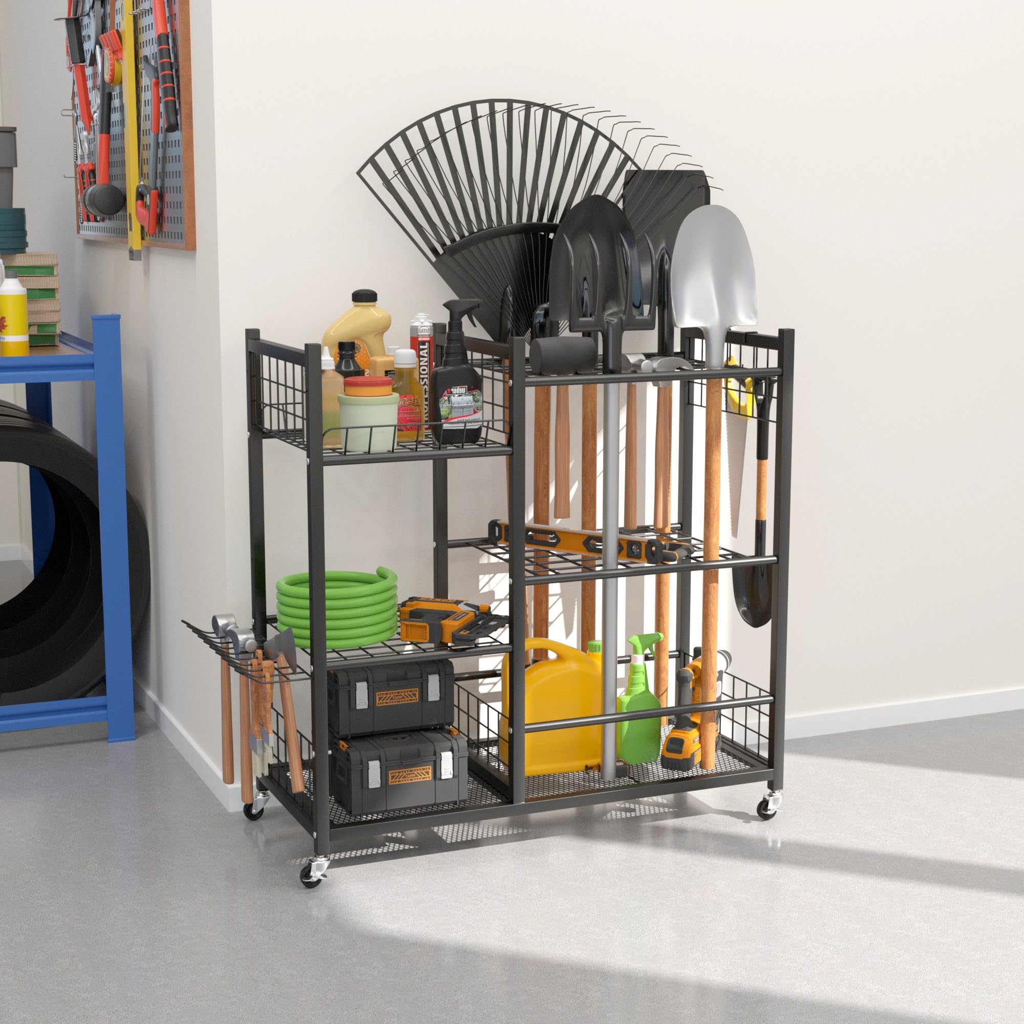EVERHANGER Organizer per attrezzi da giardino, organizer per attrezzi da garage, con ruote bloccabili, adatto per utensili/rastrelli/scope con manico lungo