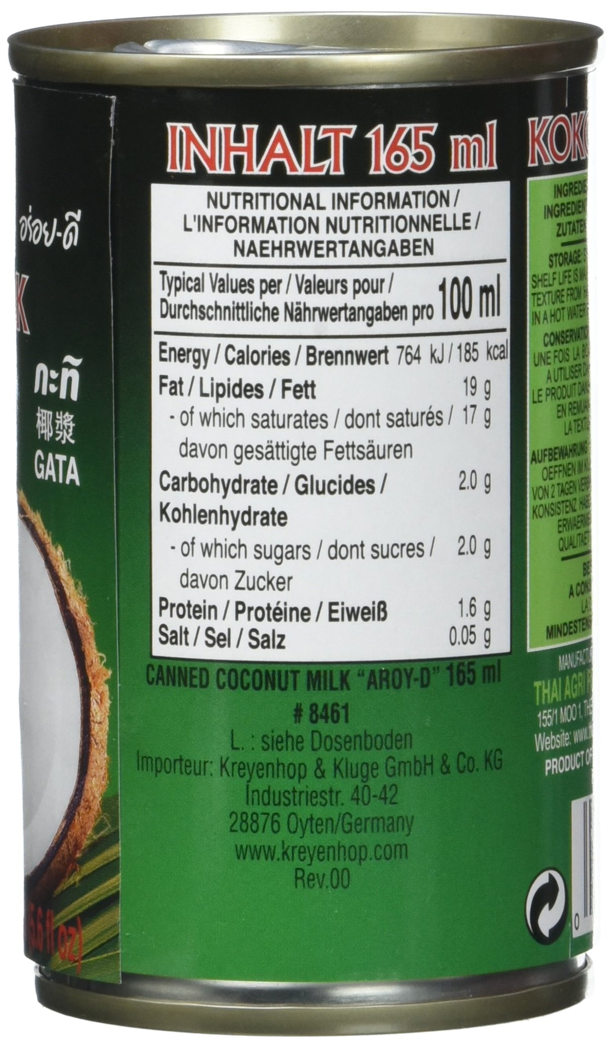 AROY-D Lait de Coco 165 ml 24 Pièces
