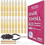 NIACONN Glitter Hair Tinsel Extensions Kit Gold with Tools and Beads, 48 Inch Sparkly Fairy Colorful Tensile Strands Shiny Hair Accessories for Women Girls Kids