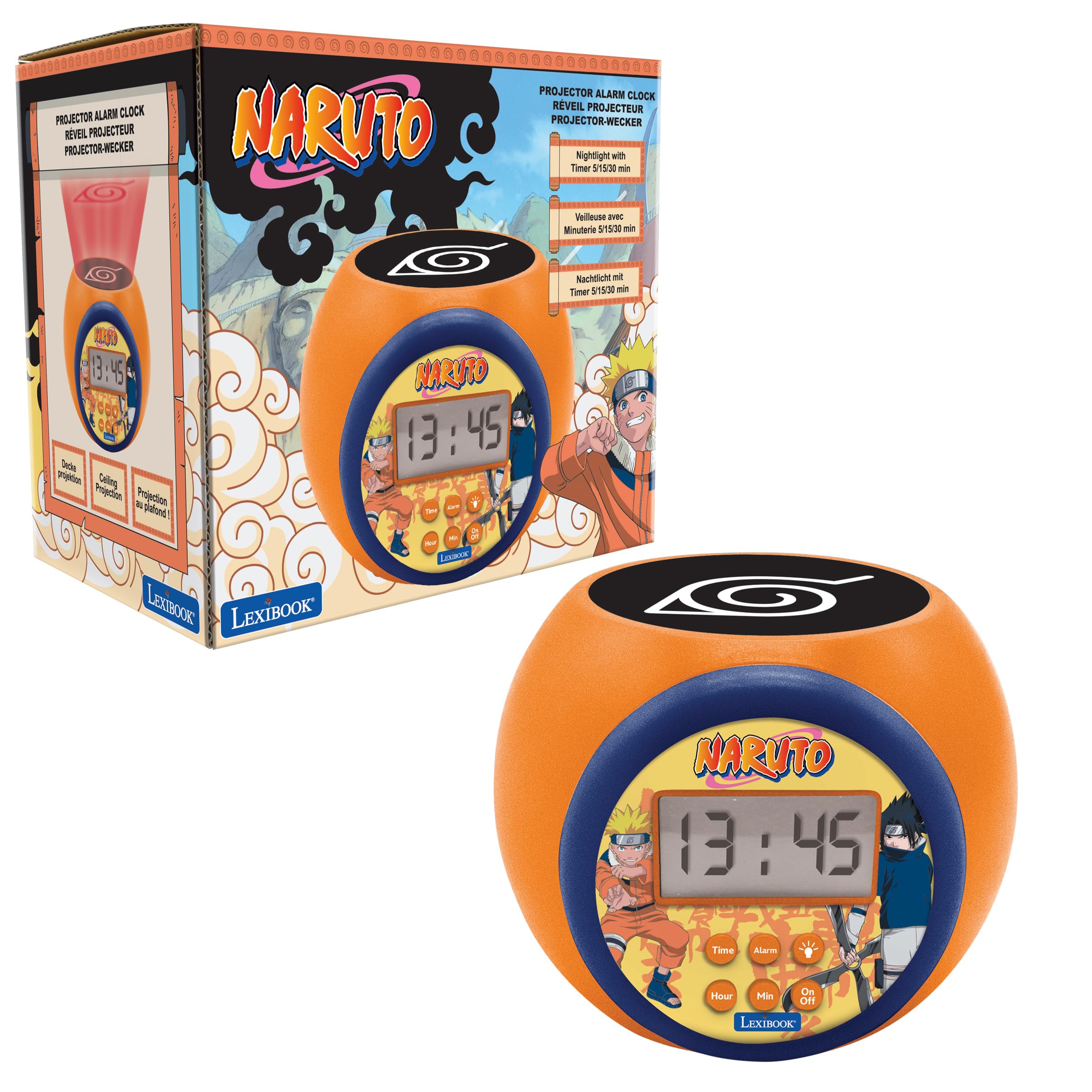 LEXIBOOK, Naruto, Projector Alarm Clock with Snooze Function, Night Light with Timer, LCD Screen, Battery-Powered, Orange, RL977NA — image 1