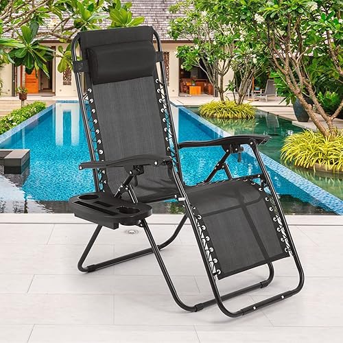 Miniatura 7 de HHS Silla de gravedad cero, sillas reclinables para patio exterior, silla plegable al aire libre, tumbonas cómodas tumbonas junto a la piscina con