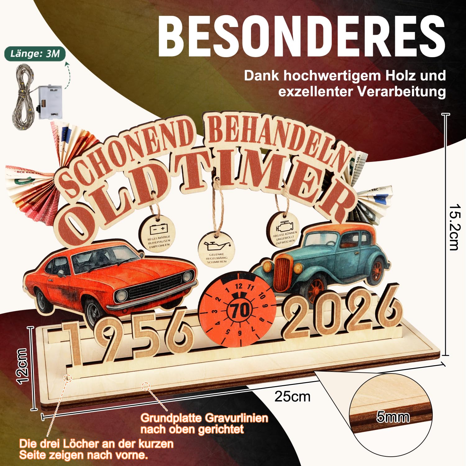 Giftota Geldgeschenk 70 Geburtstag Mann mit LED Lichterkette - Witzige Klassische Schonend Behandeln 1956 Oldtimer Geschenk zum 70 Geburtstag Mann