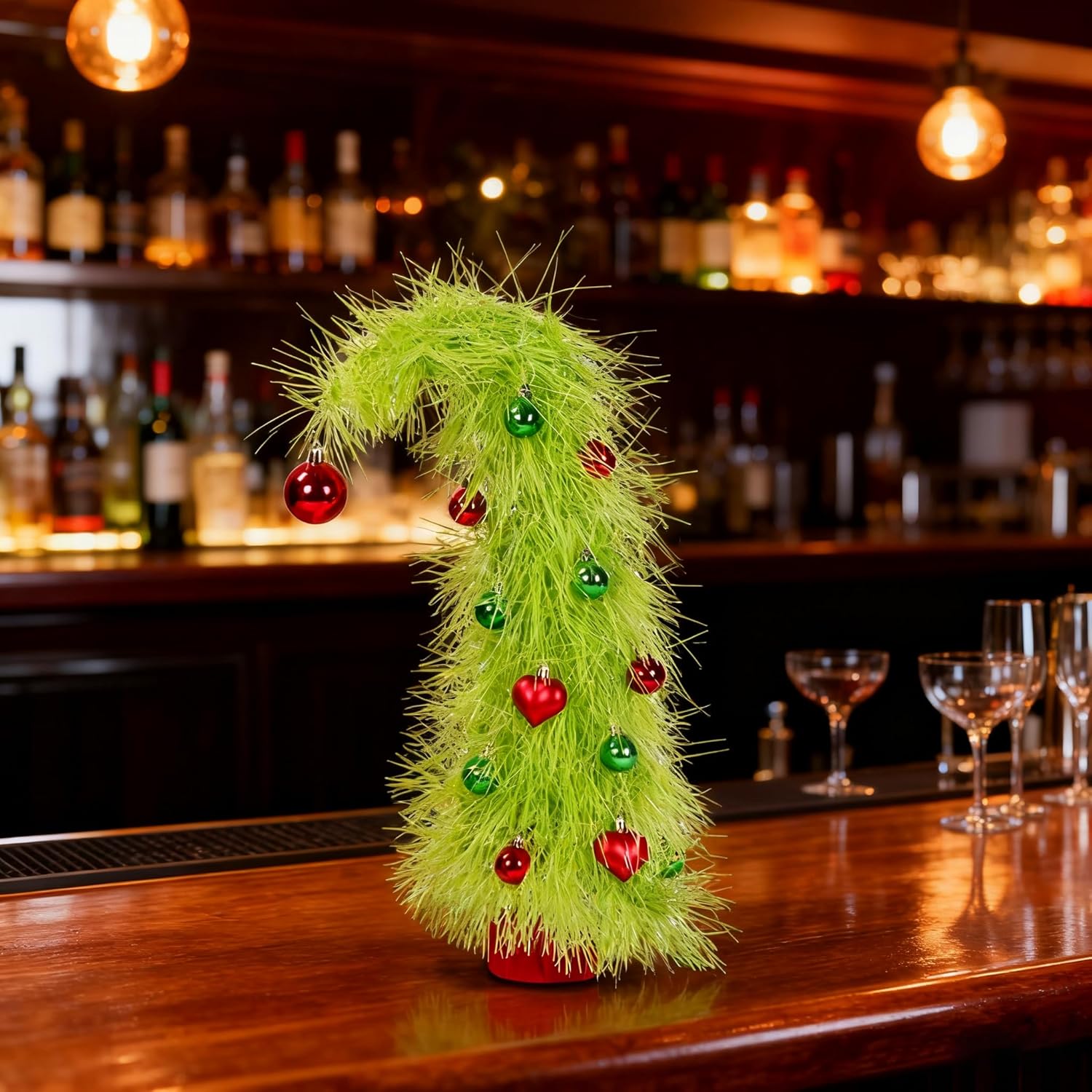 Mini Christmas Tree 20″ Tabletop Grinch Tree with 13 Christmas Ornament, Whimsical Green Desk Christmas Tree Xmas Gifts for Friends and Family Christmas Decor Party Home Office Indoor