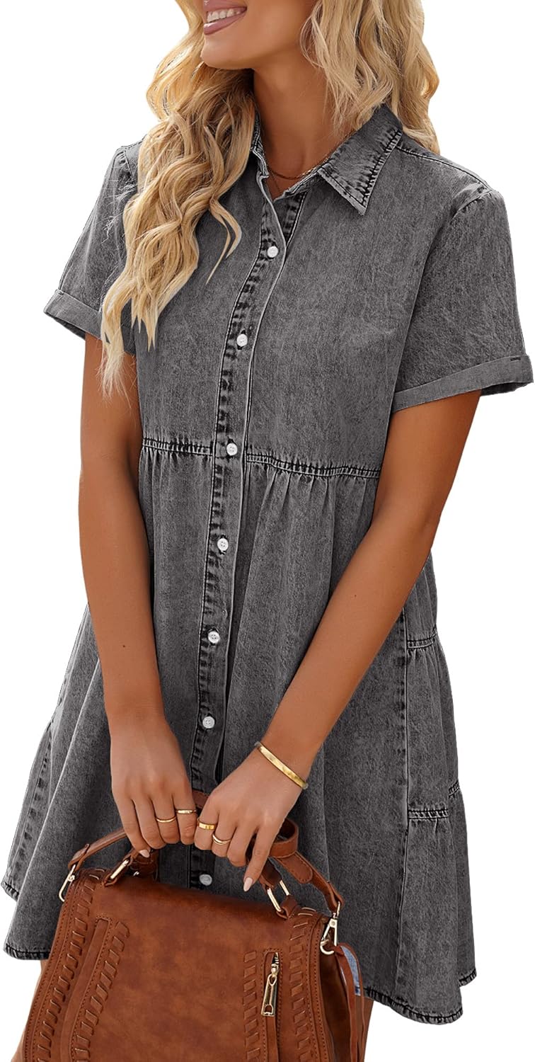 LookbookStore Women's Short Sleeve Button Down Flowy Tiered Babydoll Denim Dress - Image 4