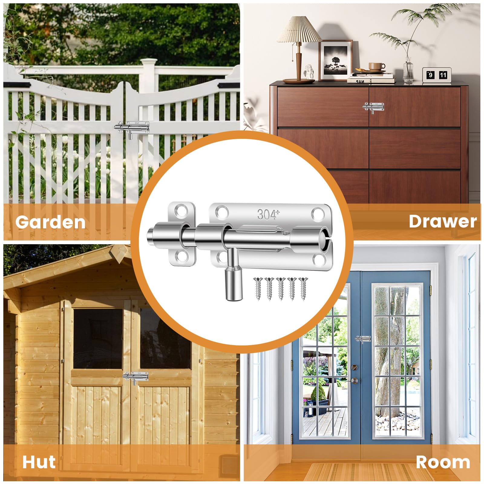 3 Pcs Door Lock Bolt,Gate Bolt Lock,Stainless Steel Door Latch with Screws 4",Heavy Duty Sliding Shed Bolts for Doors,Security Gate Bolts for Wooden Gates,Bathroom,Bedroom,Garden,Shed,Toilet,Fences - Image 4