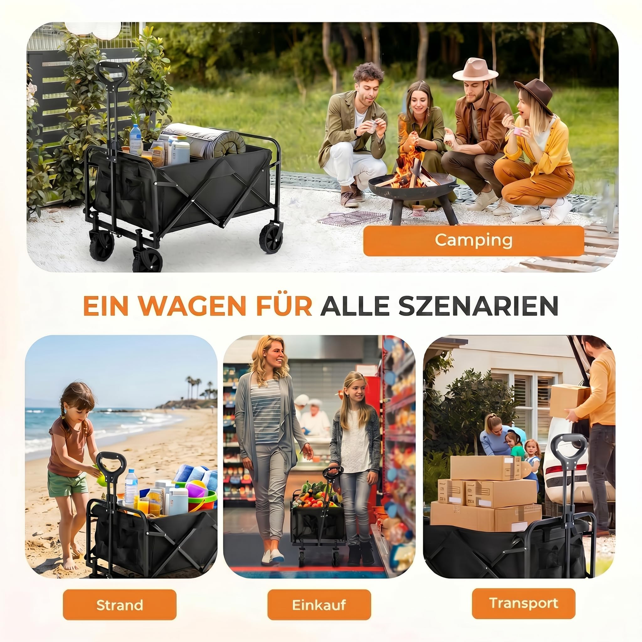 PASAMIC Carrello pieghevole 100L100kg, carrello pieghevole e robusto, con ruote per tutti i terreni e portabicchieri, leggero per il trasporto di cane, shopping, spiaggia, campeggio, nero