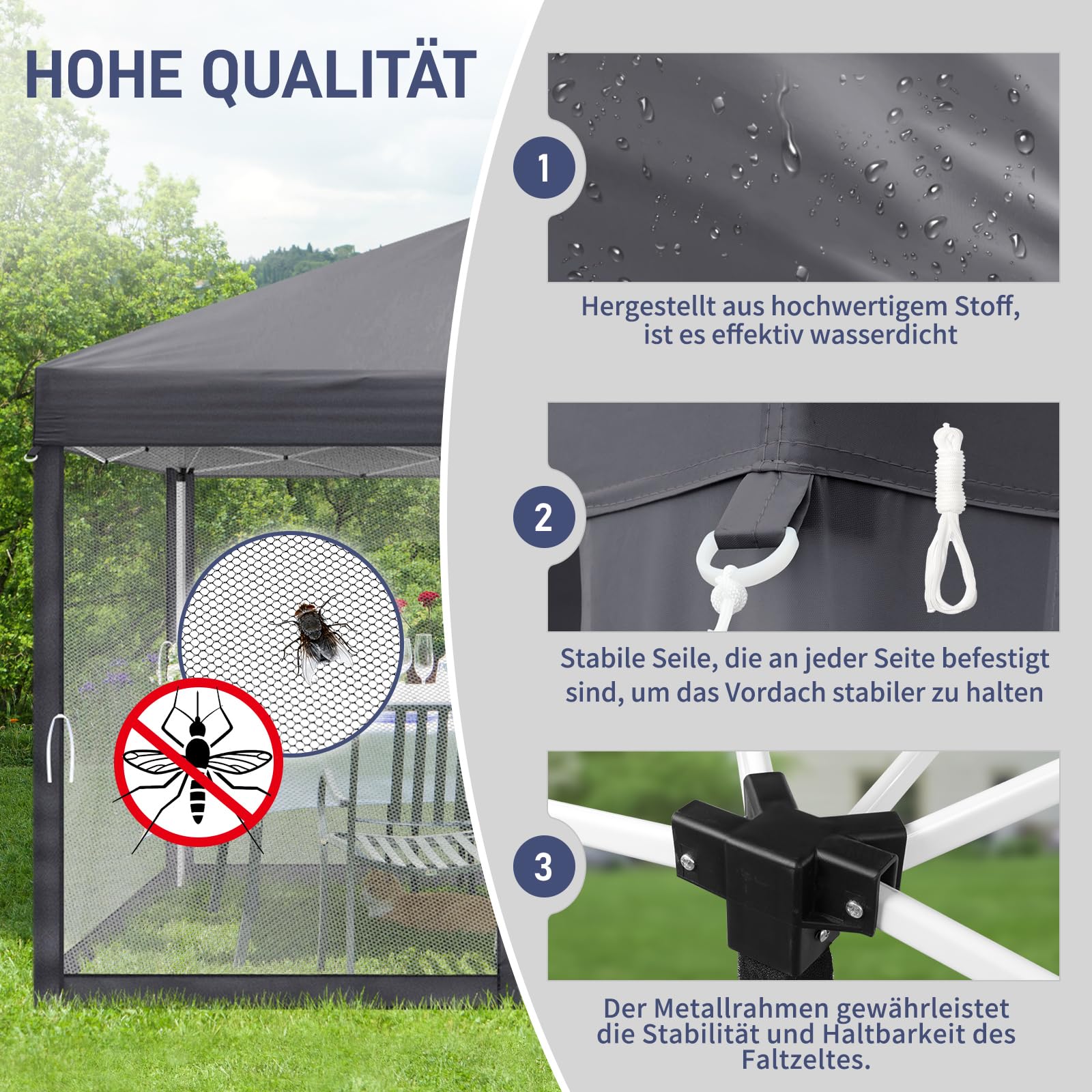 LEADZM Pavillon,Faltpavillon,Wasserdicht,UV Schutz 50+,Höhenverstellbar mit Moskitonetzen, Stabil, Ideal für Garten, Terrasse, Camping und gewerbliche Nutzung (Anthrazit, 3x3-4 Seitenteilen)