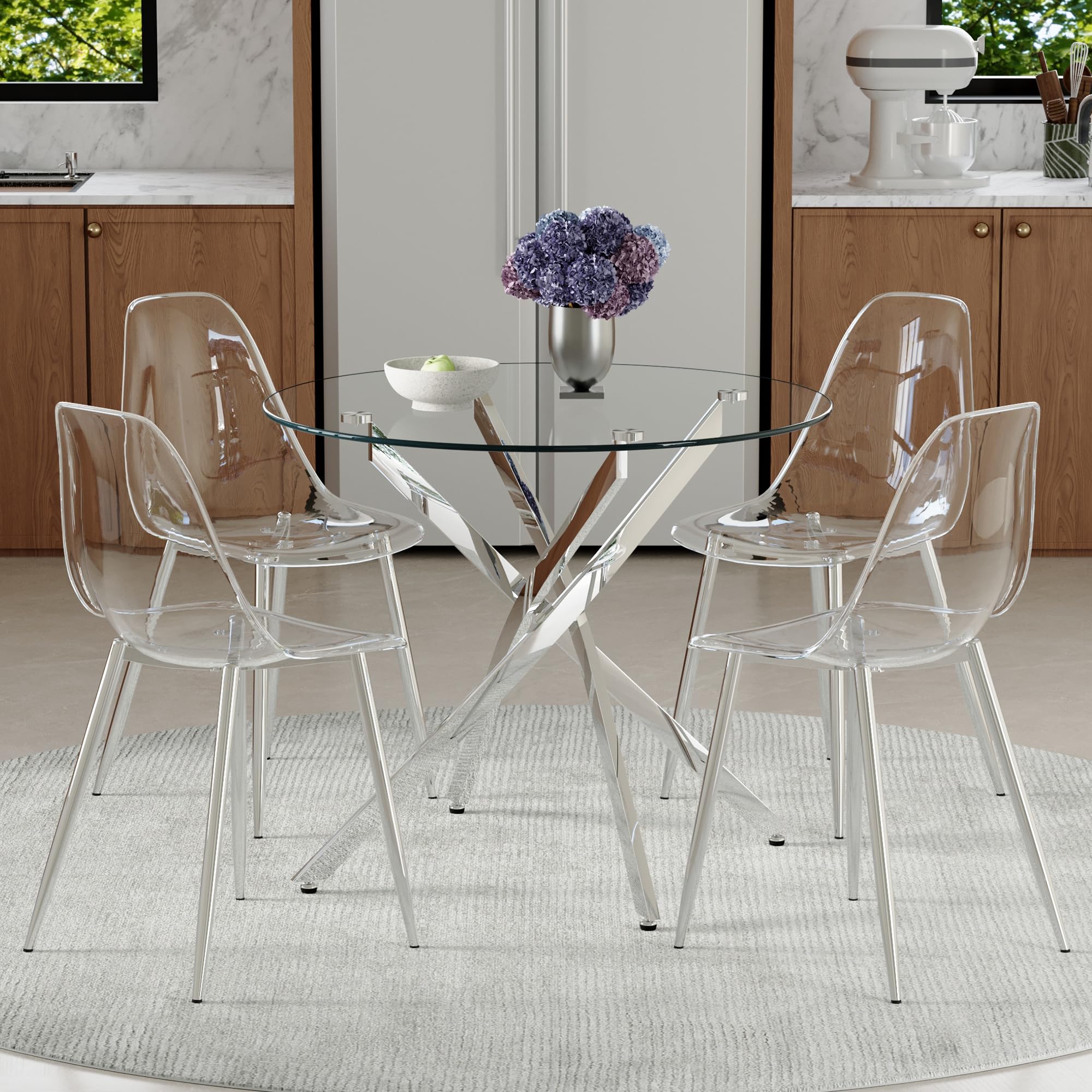 Muskel Moderno tavolo da pranzo rotondo in vetro con 4 sedie, tavolo da 88 cm, in plastica trasparente, per 4 persone, sala da pranzo, set da 4 pezzi, per piccola cucina, argento
