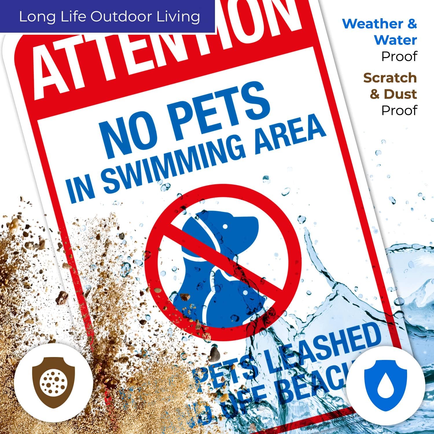 Attention No Pets in Swimming Area Keep Pets Leashed and Off Beach Sign, 12x18 Inches, Rust Free .063 Aluminum, Fade Resistant, Made in USA