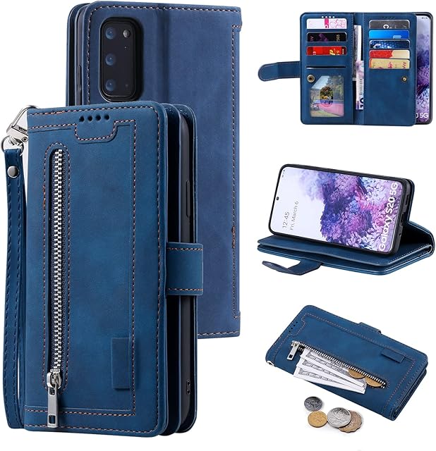 EYZUTAK Wallet Phone Case for Samsung Galaxy S20, Retro Matte 9 Card Holder Slots Zipper Pocket Case PU Leather Magnetic Closure Kickstand with Wrist Strap Shockproof Folio Flip Case - Blue