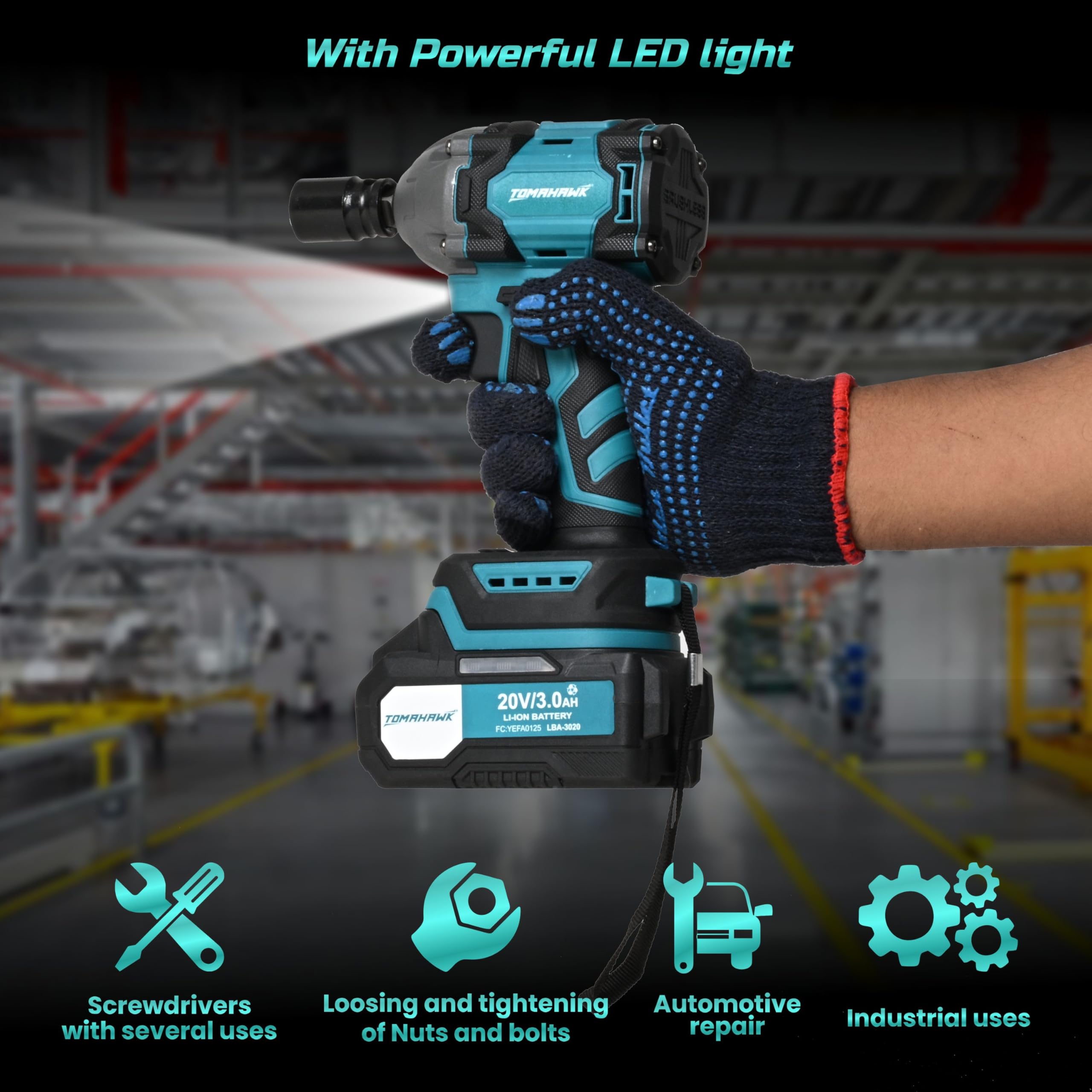 Tomahawk® TSW-5300 20V Brushless Cordless Impact Wrench Machine | 300Nm High Torque | ½” Square Drive + ¼” Hex | 2800 RPM | 3000 IPM | 2 x 3.0Ah Batteries | LED Light 2