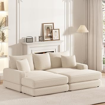 Oversized Chaise Lounge Chair Indoor, Extra Deep Seat, Plush Corduroy Couch Sectional Cloud Modular Loveseat Sofa, Comfy Thick Cushion, Pillows for Living Room Beige, Double Chaise Lounge