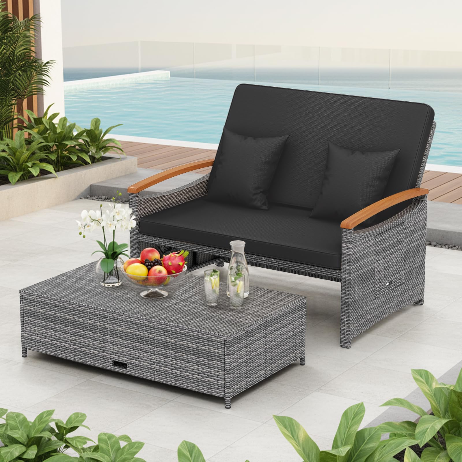 GIANTEX Meuble Extérieur 2 Pièces en Rotin PE avec Ottoman (Gris + Noir)