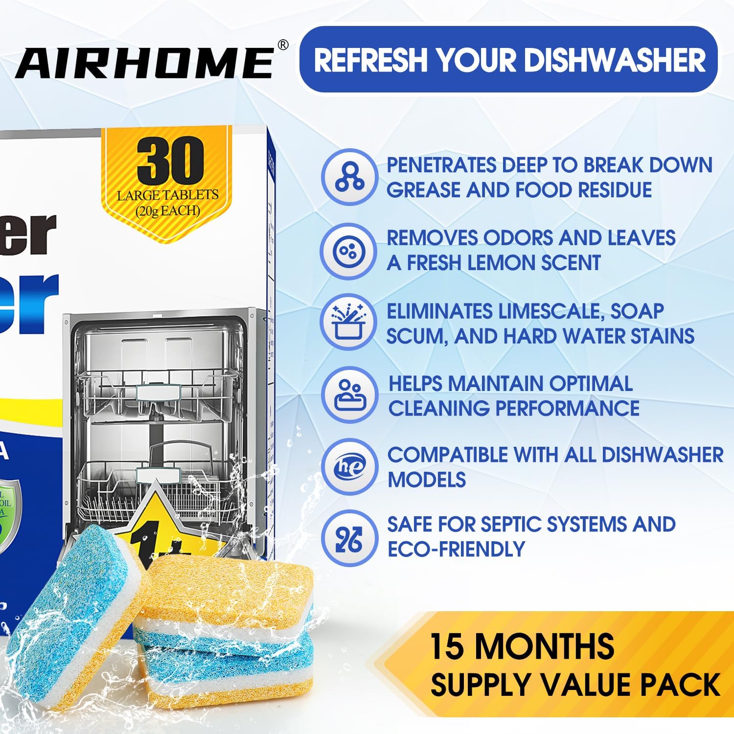 Dishwasher Cleaner Tablets, 30-Count Deodorizing Pods (15-Month Supply) - Heavy-Duty Descaler Removes Limescale, Minerals, Grease & Odors, Lemon Scent
