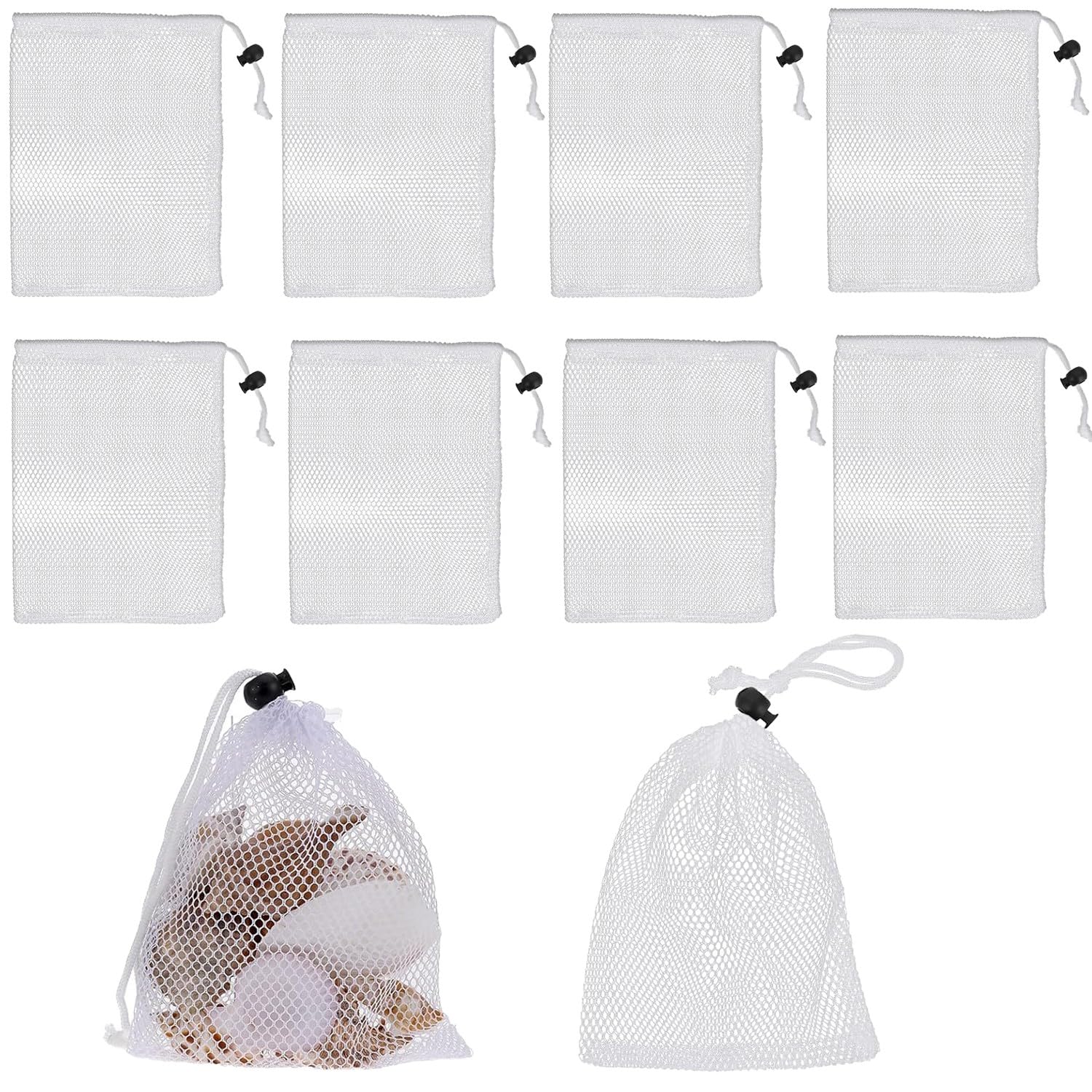 10Pcs Small Mesh Drawstring Bags, 5.9x7.9in White Portable Mesh Laundry Bag Mini Nylon Net Organizer Storage Bag with Cord Lock Closure Sack for Beach Swimming Pool Kitchen Golf Jewelry Toys Gifts