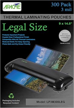 Apache Legal Size Laminating Sheets 8.5" x 14" 9x14.5", 3 mil, 300 Pack