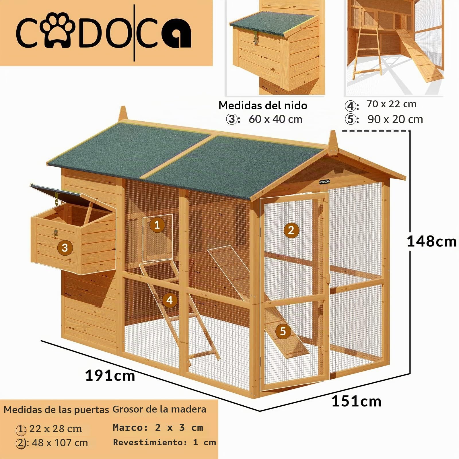 Cadoca Gallinero de Madera 2 Plantas 1,9x1,5m Conejera Caseta Animales Pequeños Caja de Huevos Rampa