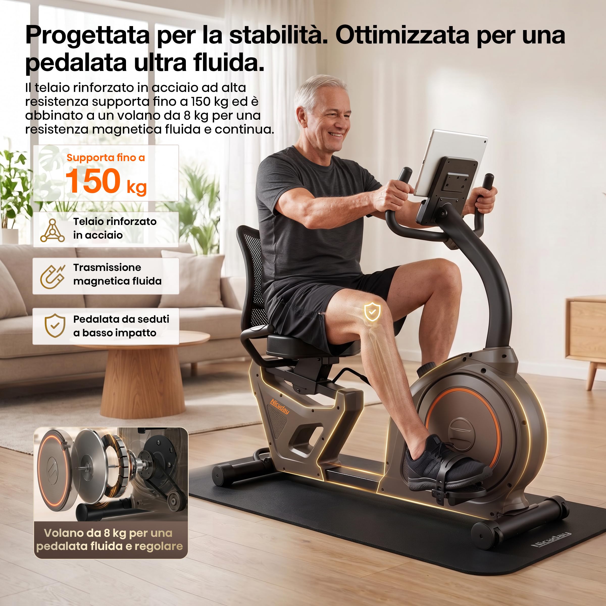 Niceday Cyclette reclinata per anziani, bici da casa silenziosa con 16 livelli di resistenza, sedile ergonomico con schienale, allenamento delicato sulle articolazioni, preassemblata all’85%