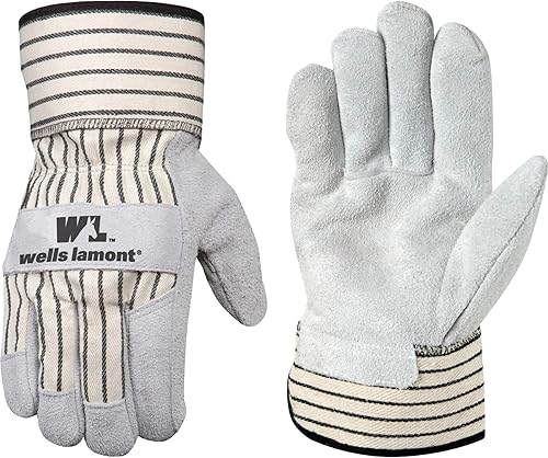 Wells Lamont Guantes de trabajo de cuero con puño de seguridad, palma de gamuza, pequeños (4000S), blanconegro