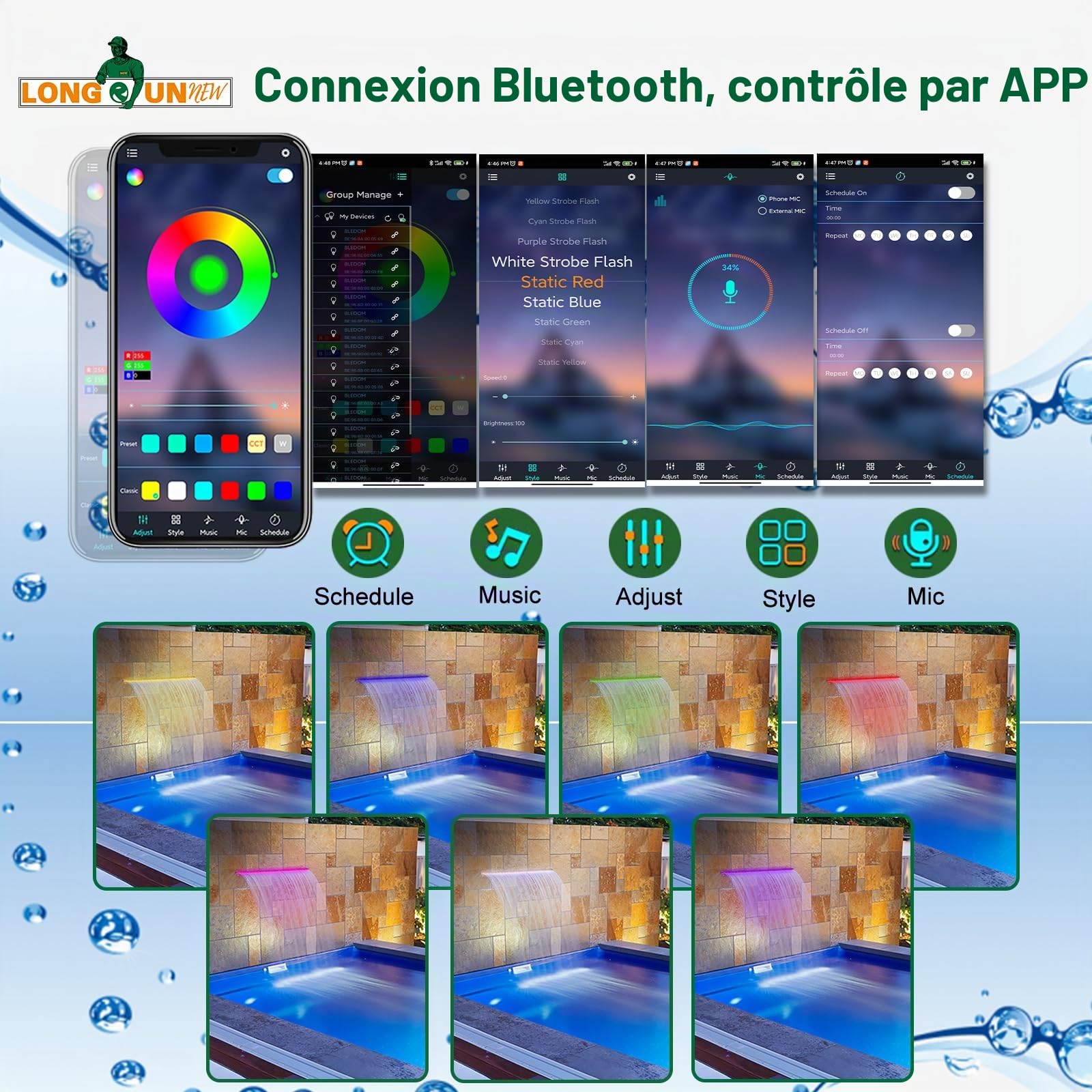 Bande LED pour aquarium, fontaine, ruisseau, piscine, éclairage sous-marin IP68, étanche, 7 couleurs, éclairage LED 22 cm, cascade avec télécommande