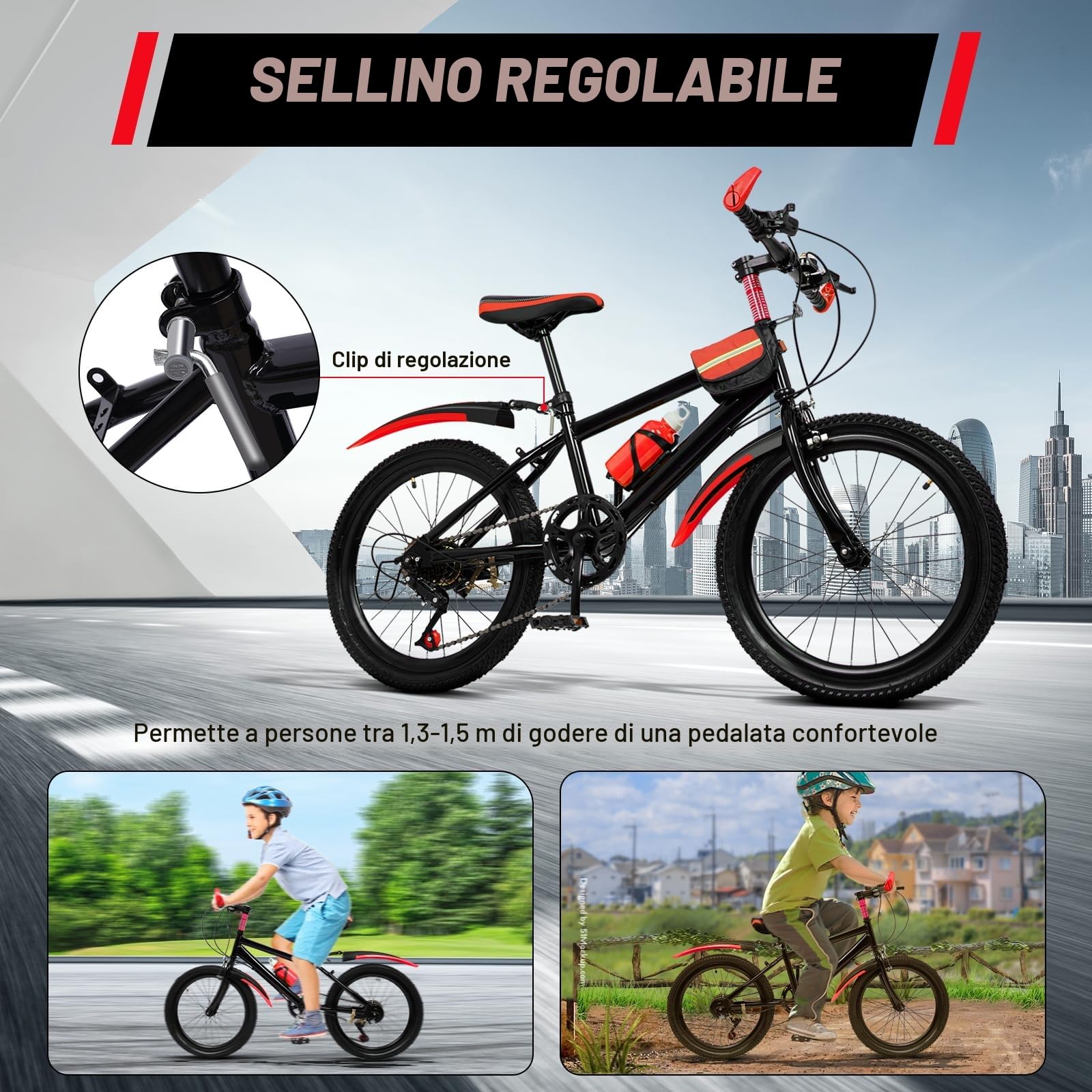 Mountain bike 20",Bicicletta per Bambini 8-13 Anni 7 Marce Acciaio Carbonio Con parafanghi Portabicchieri Campanello Per Ragazzi e Ragazze(Rosso)