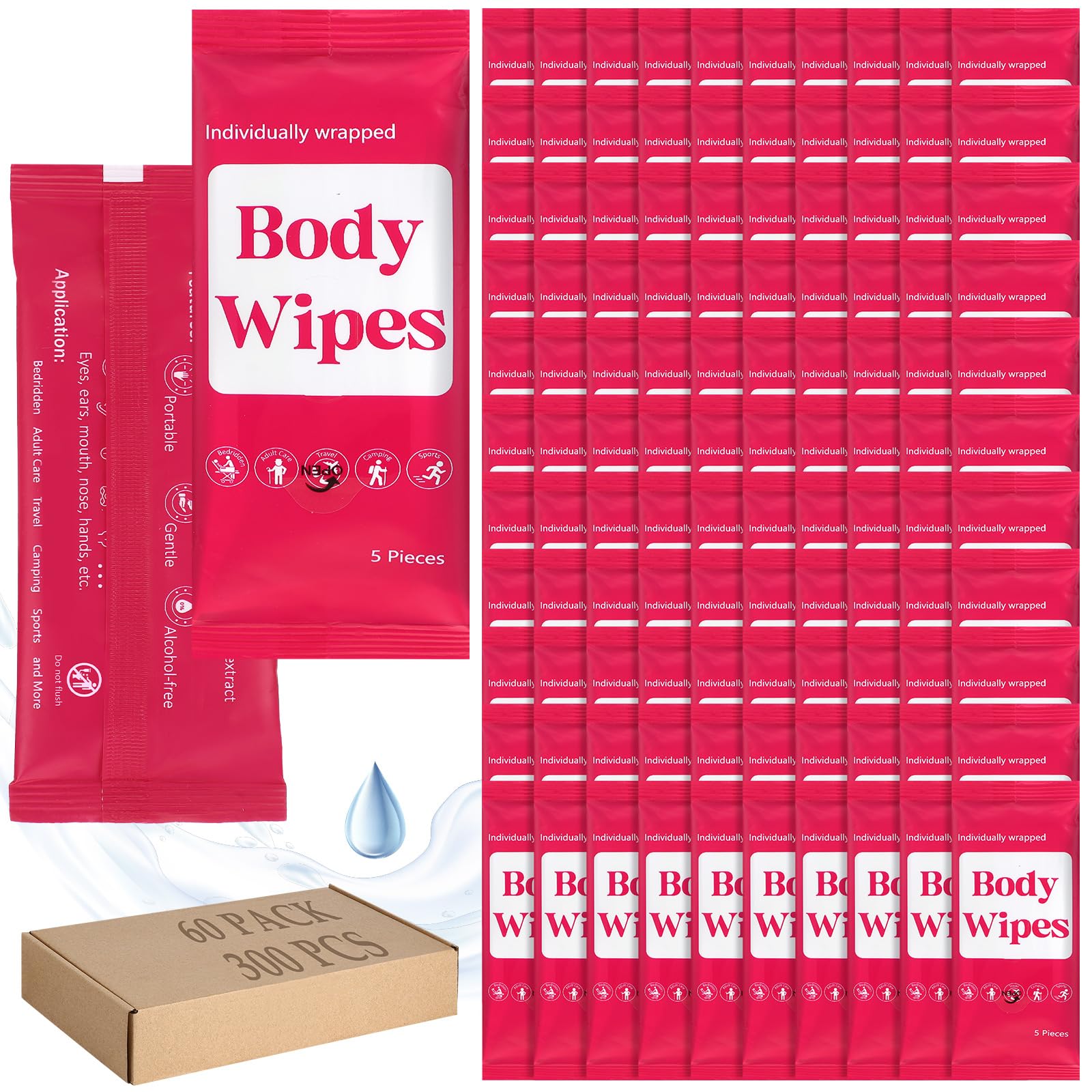 Threlaco 300 Toallitas Corporales (Paquete De 60) Para Adultos, Sin Enjuague, Envueltas Individualmente, Toallitas De Ducha Con Aloe, Toallitas Limpiadoras Corporales Desechables (Fondo Rosa)