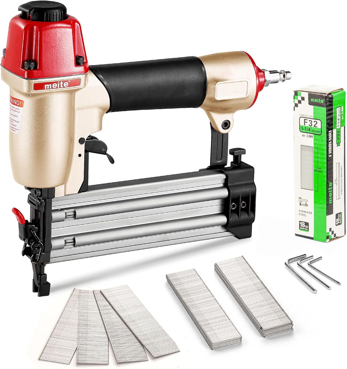 meite F50C Pneumatic Brad Nailer Kit Includes 2,000pcs 18 Gauge Stainless Steel Brad Nails 1-1/4", Ideal for Trim Work Furniture Building & DIY Projects