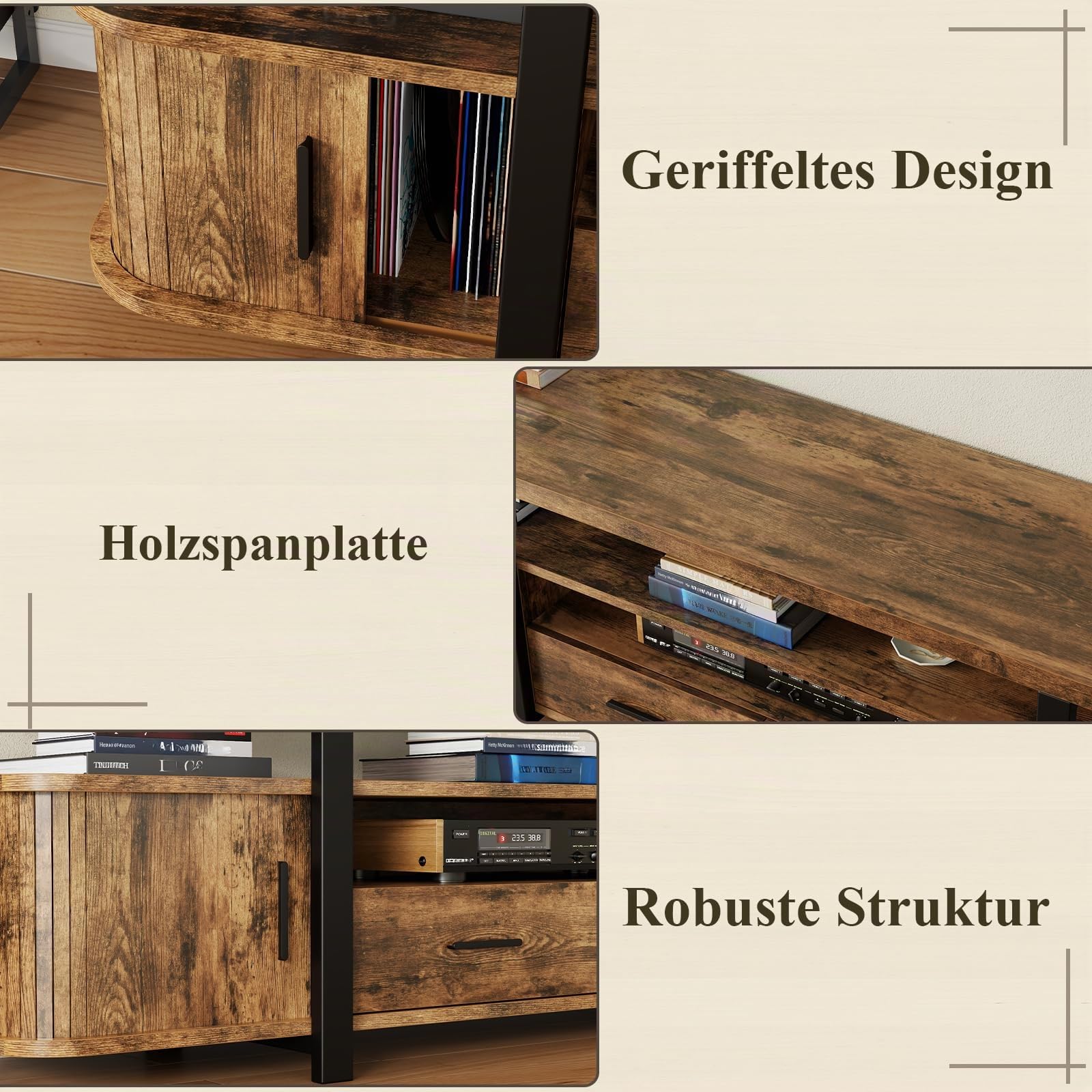 TV-Schrank,166cm TV Lowboard mit 2 Schiebetüren und 2 Schubladen,Fernsehschrank für TVs bis 70 Zoll,Fernsehtisch mit integriertes Kabelmanagement,TV Board,Fernsehschrank für Wohnzimmer,Vintagebraun