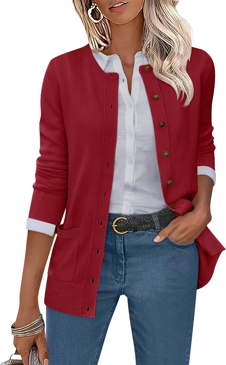 ANRABESS Women's Cardigans 2025 Fall Dressy Casual Long Sleeve Crewneck Button Down Open Front Soft Knit Cardigan Sweaters