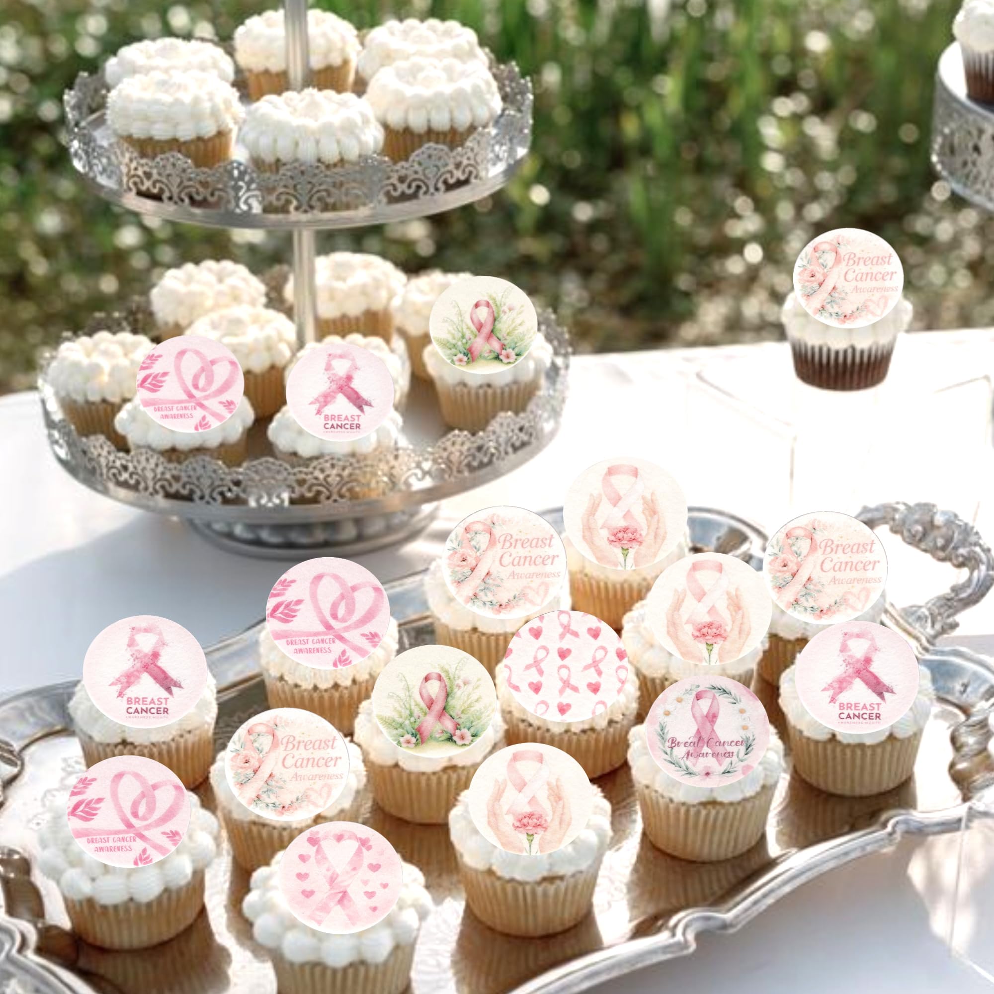 Xsstarmi 64 Pack Breast Cancer Awareness Edible Cupcake Toppers Rice Paper Fight Beliveve Love Women Health Cupcake Picks for Breast Health Pink Ribbon Party Cake Decorations Supplies - Image 3