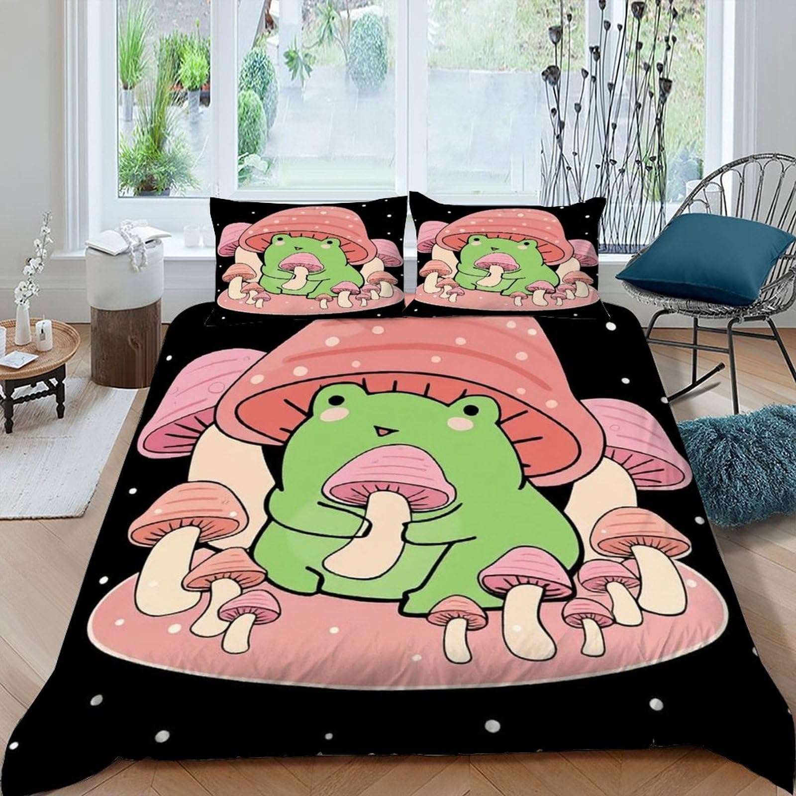 Housse de couette grenouille champignon King 220x240cm avec taies d'oreiller
