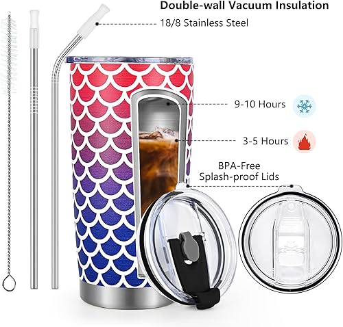 Miniatura 2 de Qtencas Regalos de sirena para niñas y mujeres, vaso aislado de acero inoxidable de 20 onzas con tapa y popote, vaso de café aislado al vacío de
