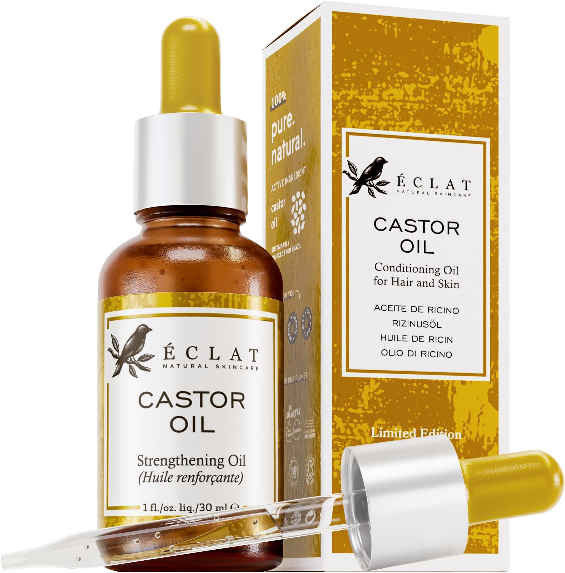 Eclat Skincare Castor Oil Cold Pressed by - 100% Pure Castor Oil with Applicator Brush and Zero Fillers or Additives for a Natural Cold Pressed Castor Oil