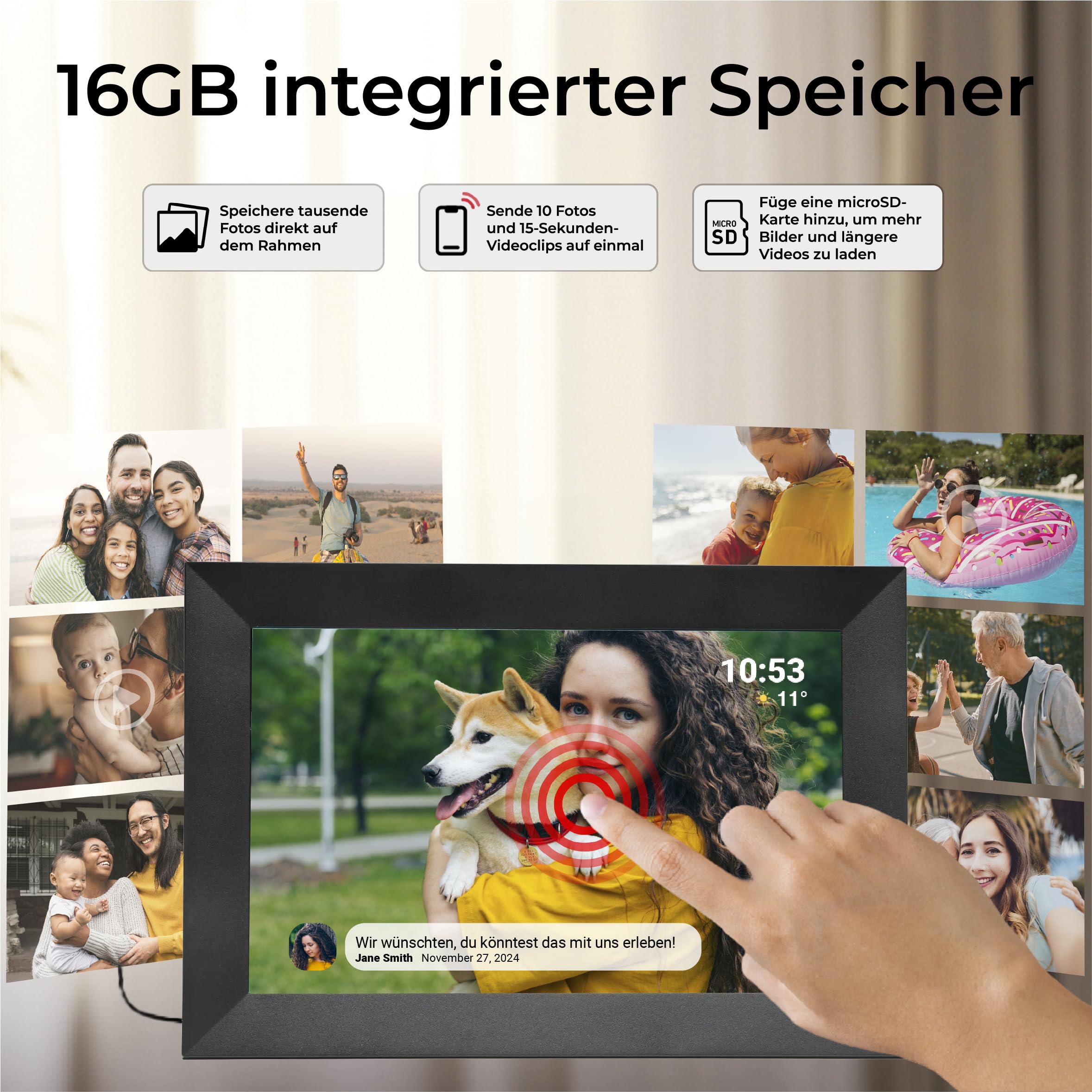 Denver PFF-1024BLACK Digitaler Bilderrahmen 25,7 cm (10,1 Zoll) mit Wi-Fi, Timer, Foto-Software zum Versenden von Fotos von der mobilen App auf den Rahmen (Schwarz, 10.1 Zoll)